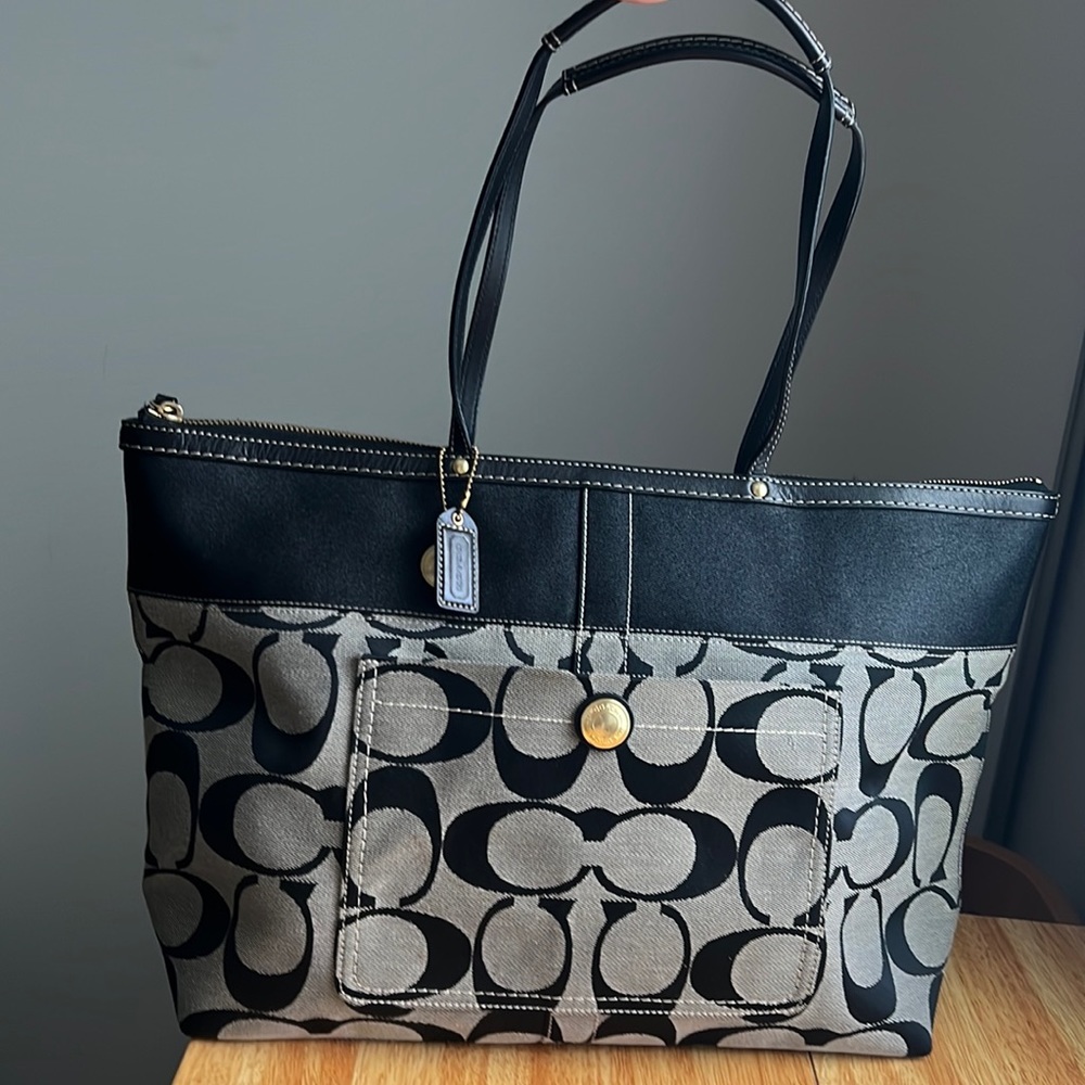 Coach Signature Black and Grey Fabric Tote Bag